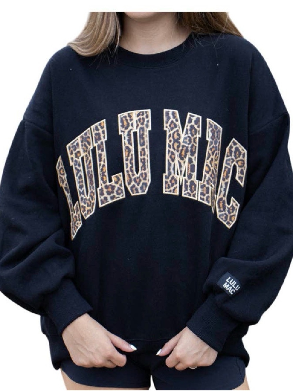 LULU MAC Black Crewneck Sweatshirt with Leopard Arch Logo